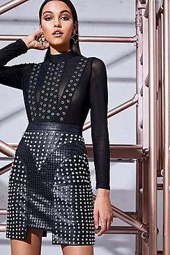 Boohoo Premium Arabella Pu Studded Zip Through Skirt