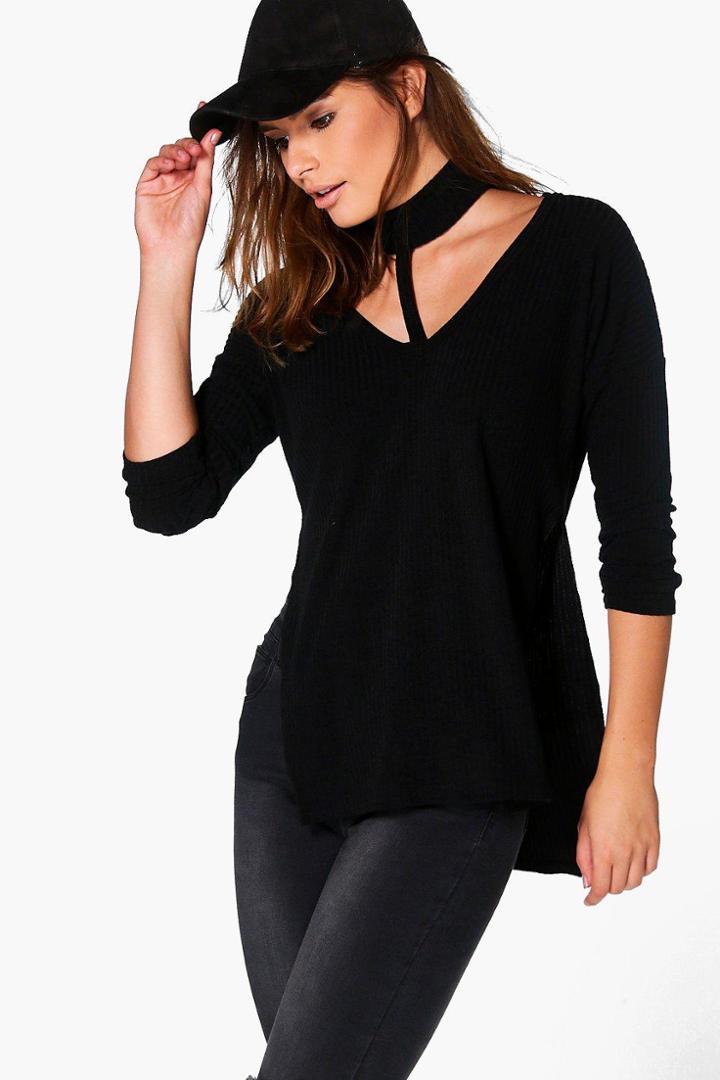 Boohoo Amelia Soft Rib Choker Neck Tunic Black