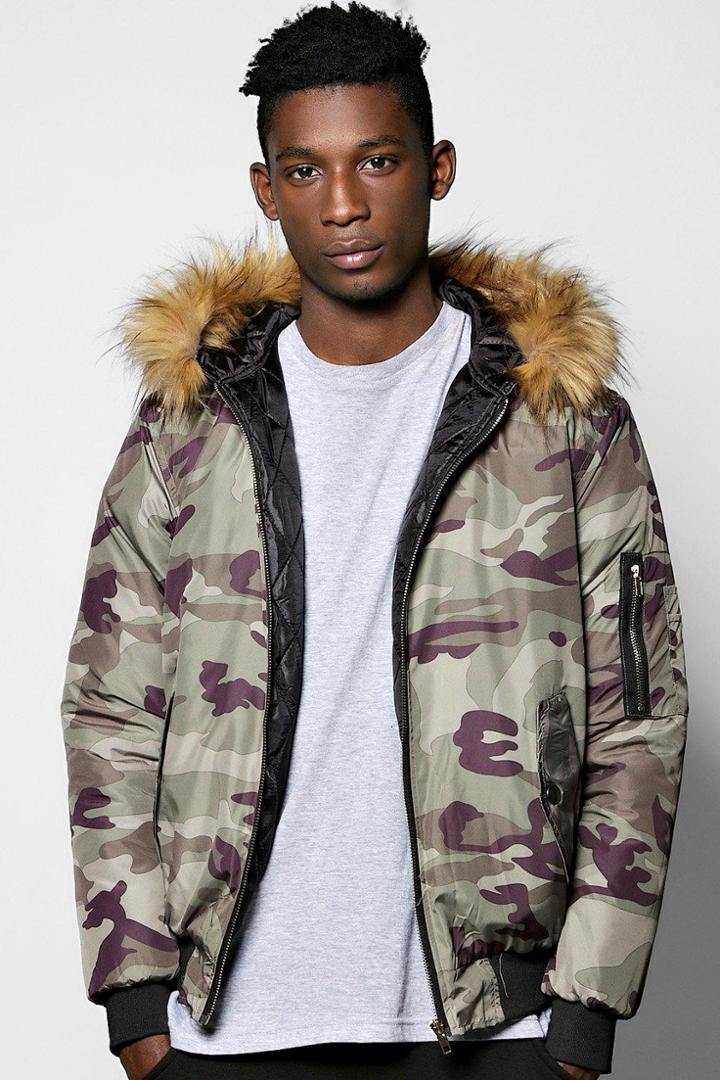 Boohoo Faux Fur Hooded Camo Jacket Khaki