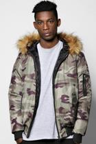 Boohoo Faux Fur Hooded Camo Jacket Khaki