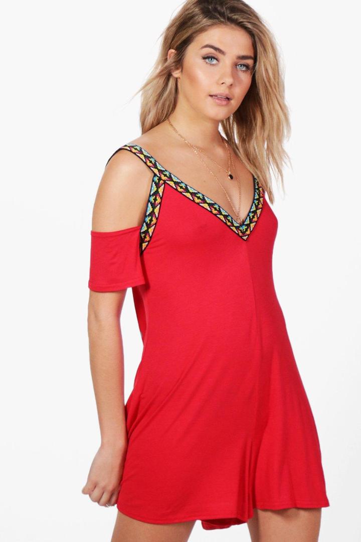 Boohoo Tina Embroiderd Trim Swing Playsuit Red