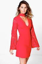 Boohoo Arabella High Neck Lace Sleeve Shift Dress