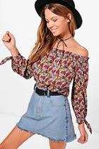 Boohoo Eva Dark Floral Off The Shoulder Woven Top