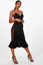 Boohoo Luna Mesh Panel Sides Frill Hem Midi Dress