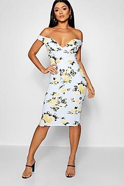 Boohoo Skye Floral Sweetheart Off The Shoulder Midi Dress