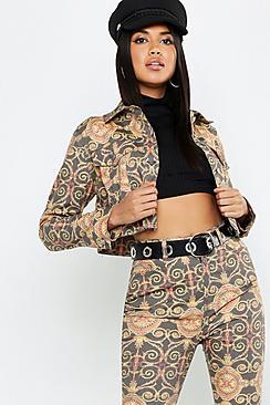 Boohoo Chain Print Cropped Denim Trucker Jacket