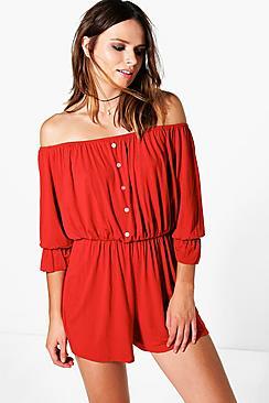 Boohoo Katie Button Front Ruffle Sleeve Playsuit