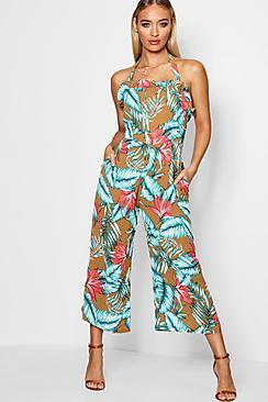 Boohoo Ella Safari Jungle Print Micro Ruffle Jumpsuit