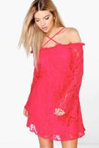 Boohoo Tai Lace Strappy Wide Sleeve Skater Dress Red