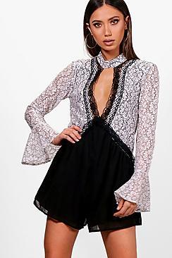 Boohoo Lace Choker Style Smock Playsuit