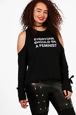 Boohoo Plus Emma Feminism Open Shoulder Sweat Top