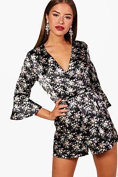 Boohoo Petite Penelope Satin Floral Wrap Playsuit