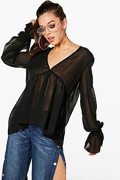 Boohoo Nadine Tie Cuff Plunge Oversized Blouse