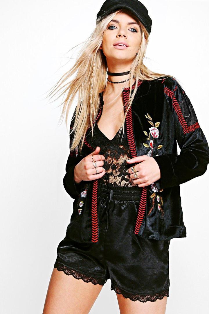 Boohoo Lucy Embroidered Velvet Jacket Black