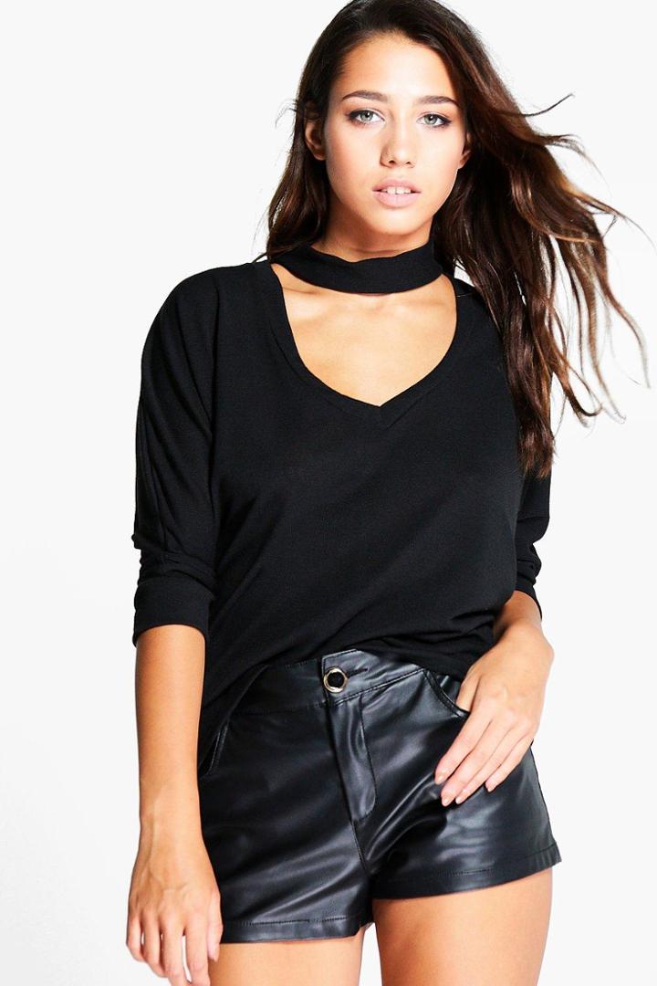 Boohoo Jess Knitted Batwing Choker T-shirt Black