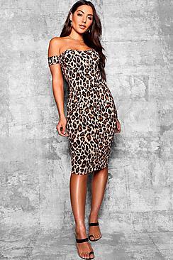 Boohoo Dea Leopard Off Shoulder Bodycon Midi Dress