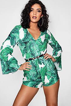 Boohoo Elise Palm Print Flare Sleeve Playsuit