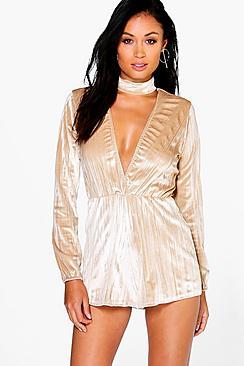 Boohoo Julia Choker Style Crushed Velvet Playsuit