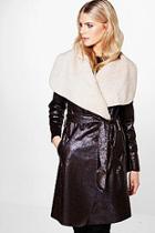Boohoo Emilia Waterfall Faux Fur Collar Belted Duster