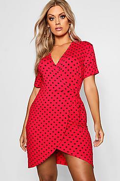 Boohoo Plus Polka Dot Wrap Front Tea Dress