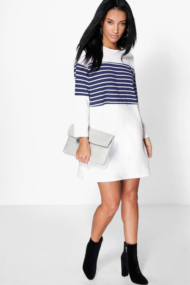 Boohoo Alisandra Stripe Insert Shift Dress Navy