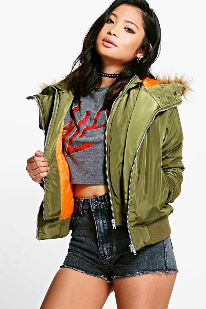 Boohoo Petite Grace Double Layer Ma1 Bomber Jacket Khaki