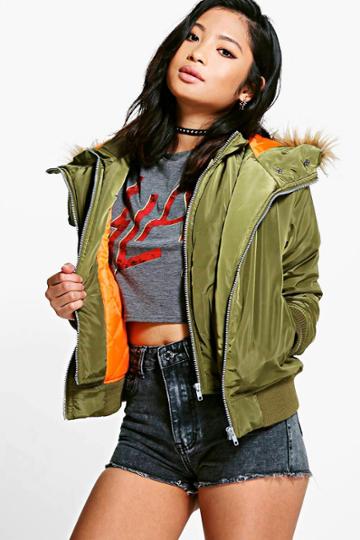 Boohoo Petite Grace Double Layer Ma1 Bomber Jacket Khaki