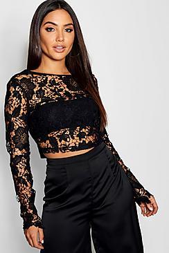 Boohoo Crochet Lace Open Back Long Sleeve Top