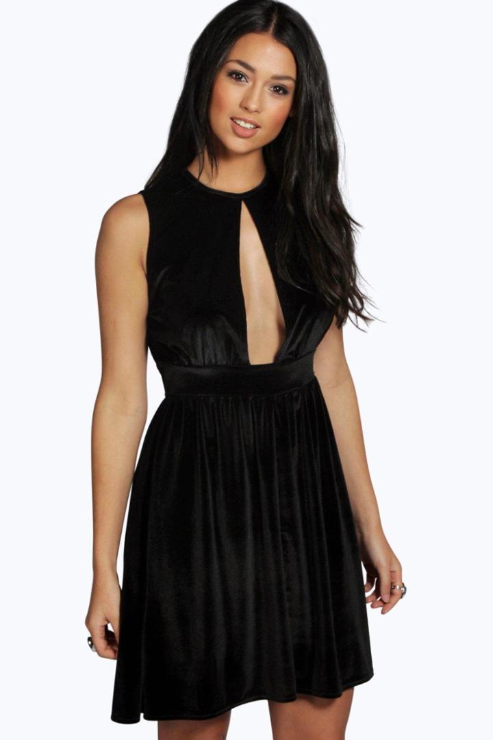 Boohoo Sarah Velvet Cut Out Detail Skater Dress Black