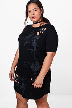 Boohoo Plus Violet Bleach Splash Tear T-shirt Dress