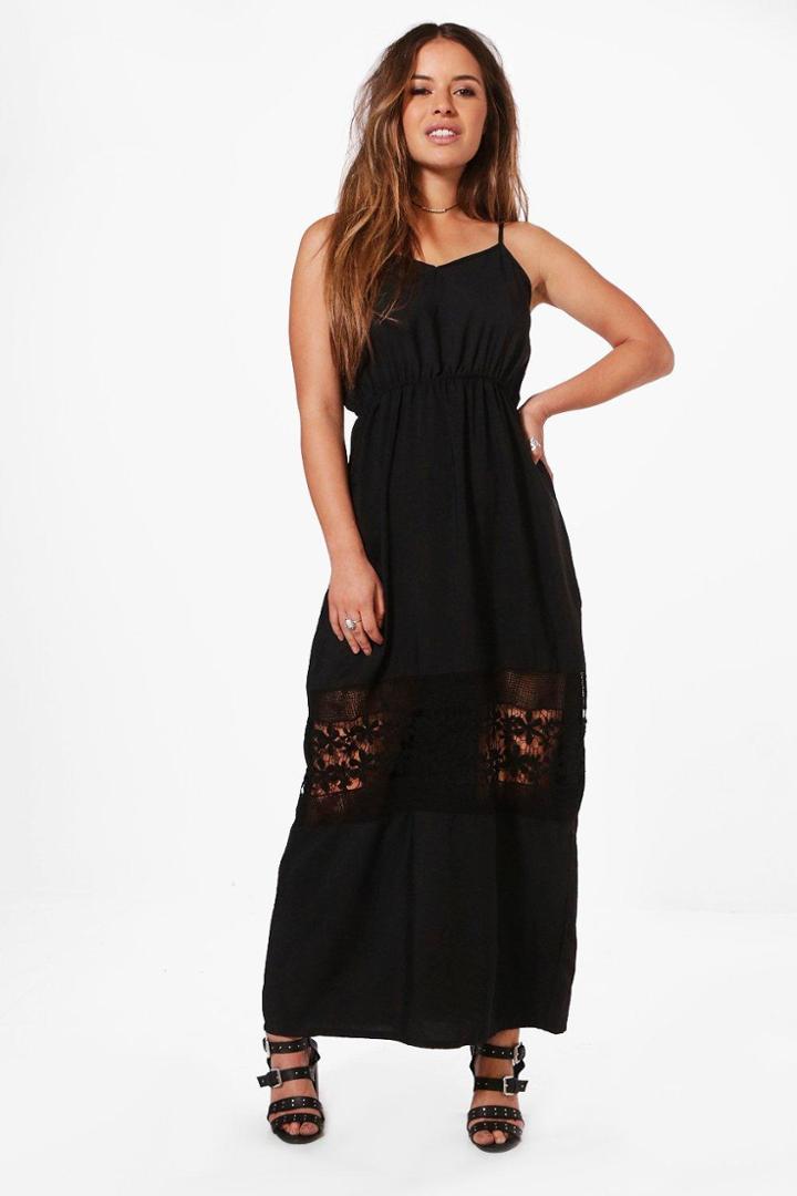 Boohoo Petite Olivia Crochet Insert Plunge Maxi Dress Black