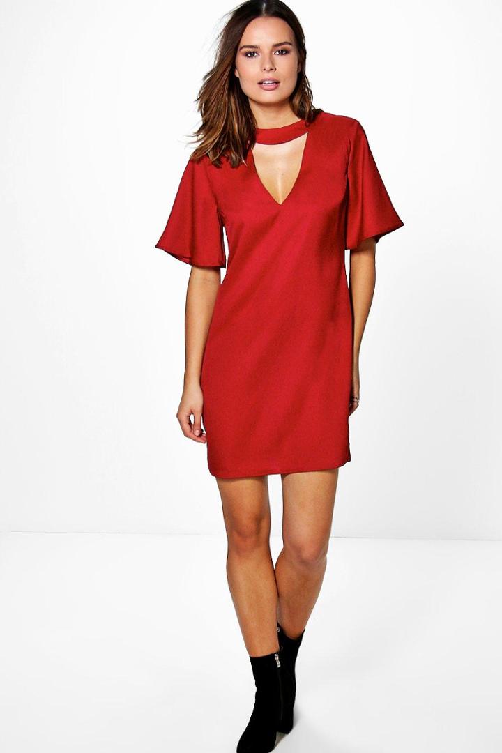 Boohoo Doris Choker Neck Plunge Shift Dress Ruby