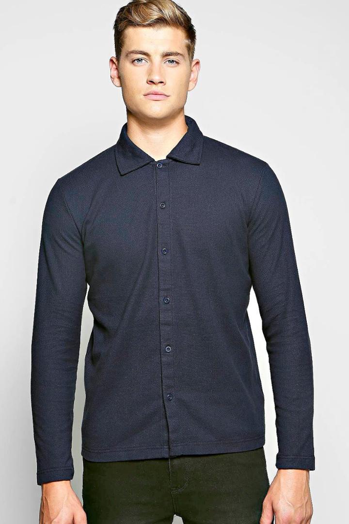 Boohoo Long Sleeve Pique Button Through Shirt Navy