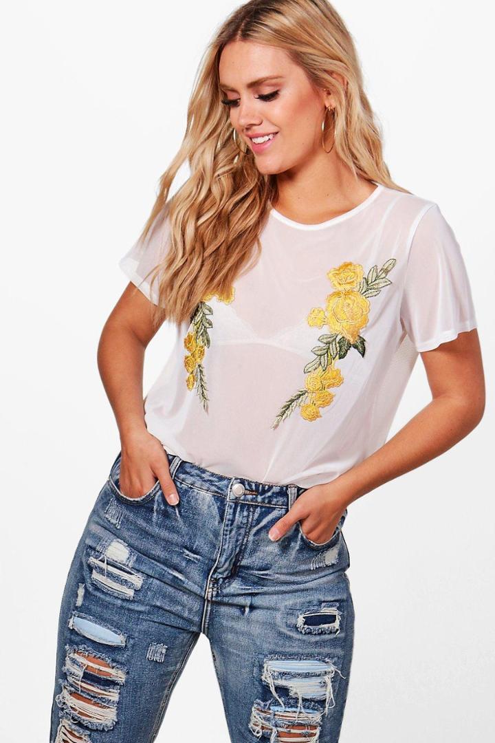 Boohoo Plus Jess Embroidered Mesh Tee White