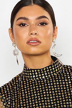 Boohoo Sun & Moon Diamante Statement Earrings