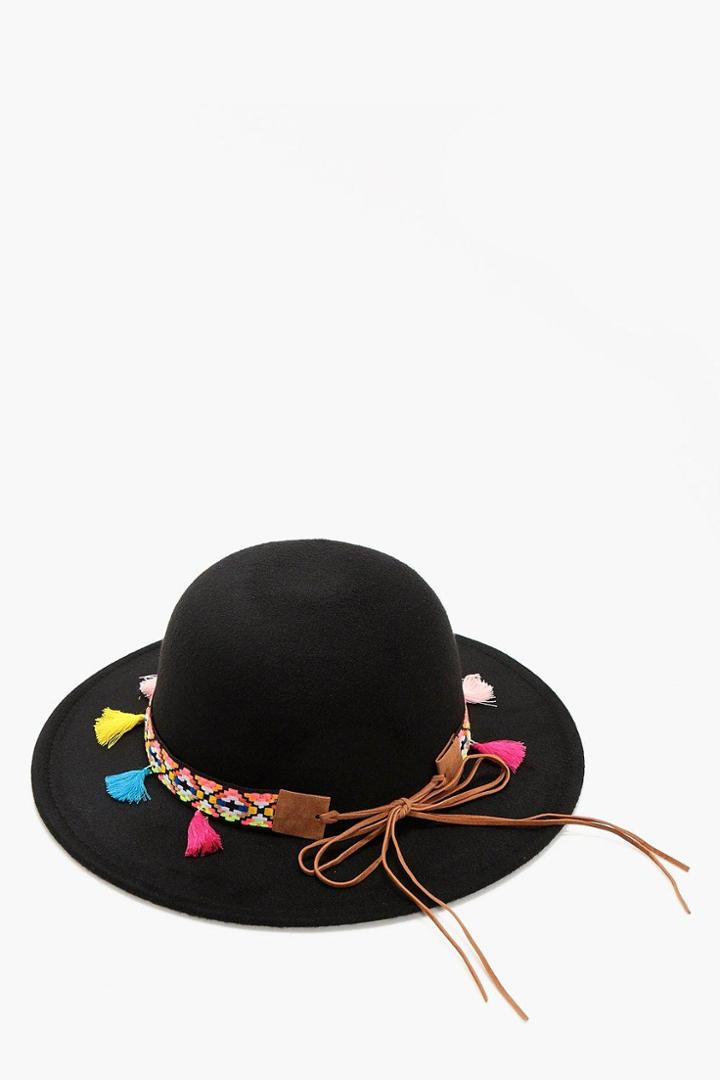 Boohoo Leah Tassel And Aztec Felt Floppy Hat Black