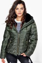 Boohoo Maya Quilted Zip Detail Jacket Khaki