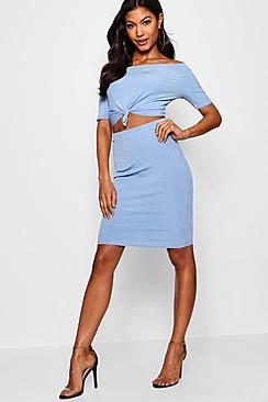 Boohoo Erin Metallic Knot Bardot Midi Skirt Co-ord Set