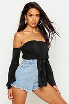 Boohoo Bow Front Flare Sleeve Bardot Blouse