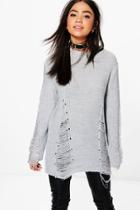Boohoo Lois Distressed Sleeve & Front Jumper Grey