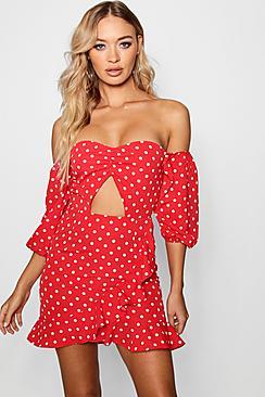 Boohoo Kalani Off The Shoulder Polka Dot Mini Dress