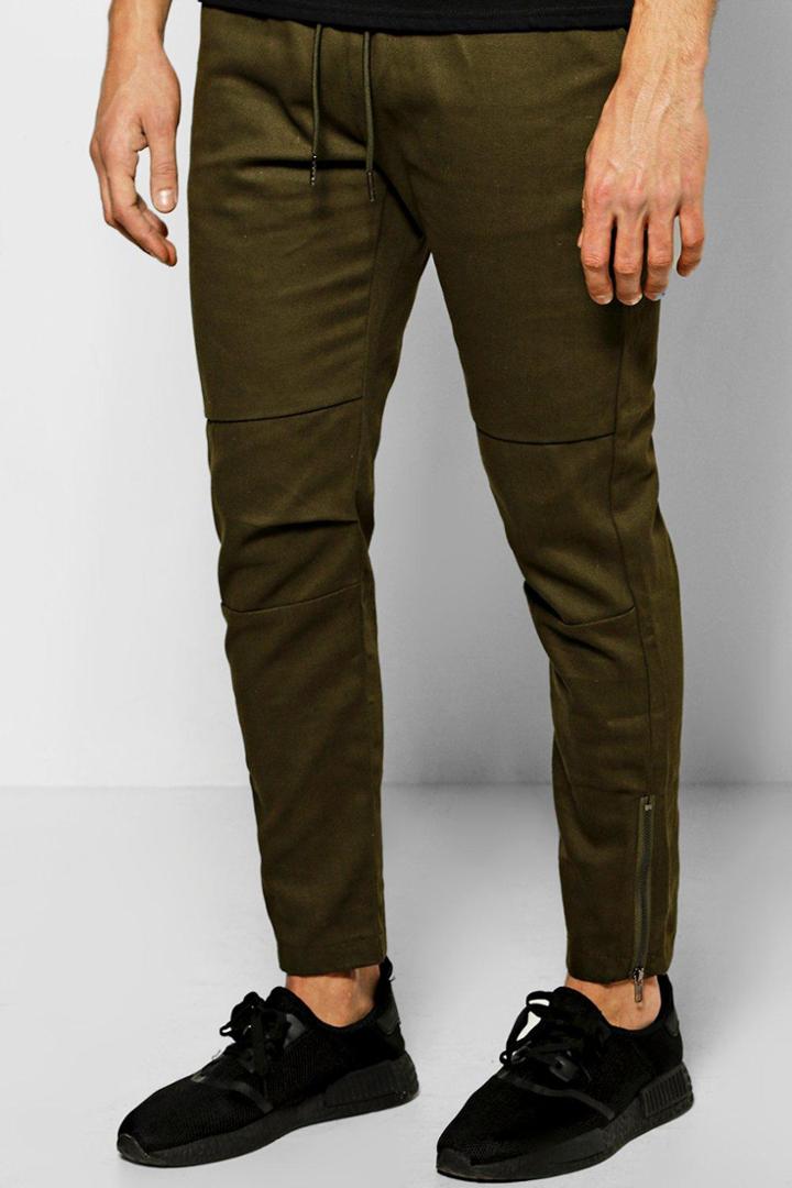 Boohoo Skinny Fit Chinos With Rip Knee And Zips Khaki