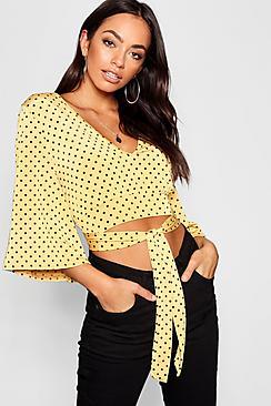 Boohoo Polka Dot Tie Front Top