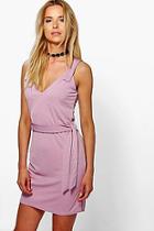 Boohoo Clare Tab Top Belted Mini Shift Dress