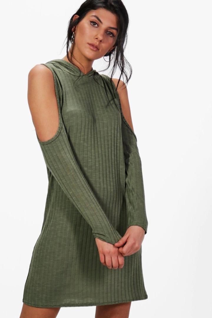 Boohoo Katie Hooded Rib Knit Dress Khaki