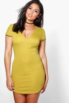 Boohoo Lo Ribbed V Neck Curved Hem Bodycon Dress Olive