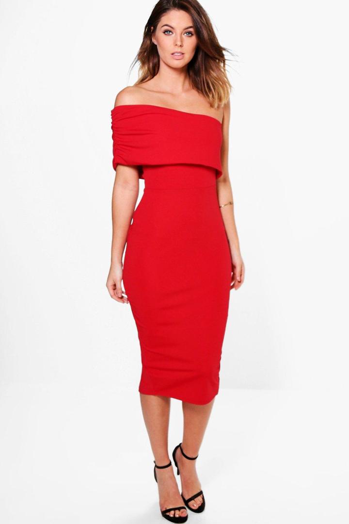 Boohoo Tia Off Shoulder Panel Detail Midi Bodycon Dress Red