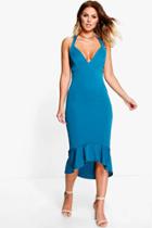 Boohoo Sara Cross Strap Peplum Hem Midi Dress Teal