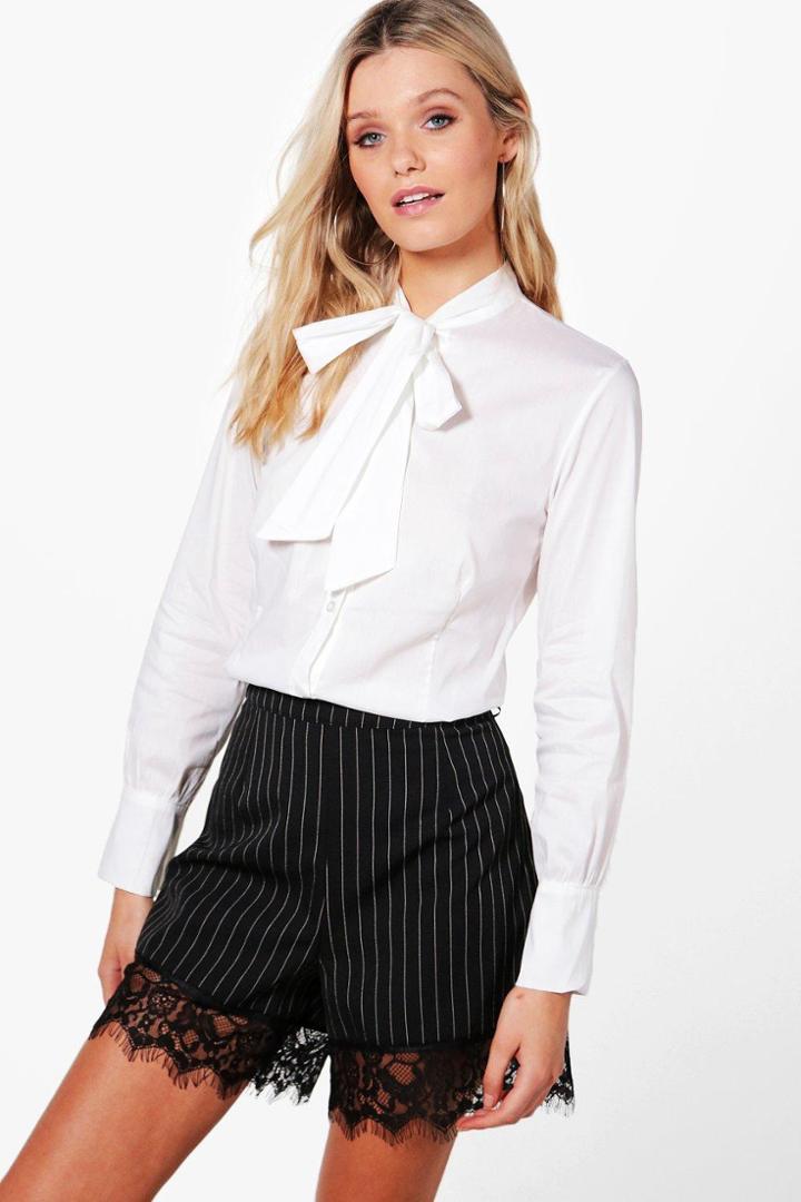 Boohoo Grace Tie Neck Button Front Shirt Ivory