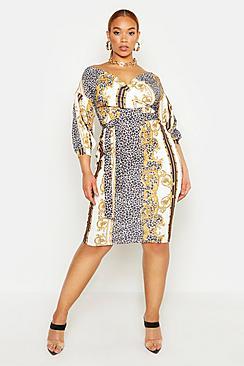 Boohoo Plus Chain Print Off Shoulder Wrap Midi Dress